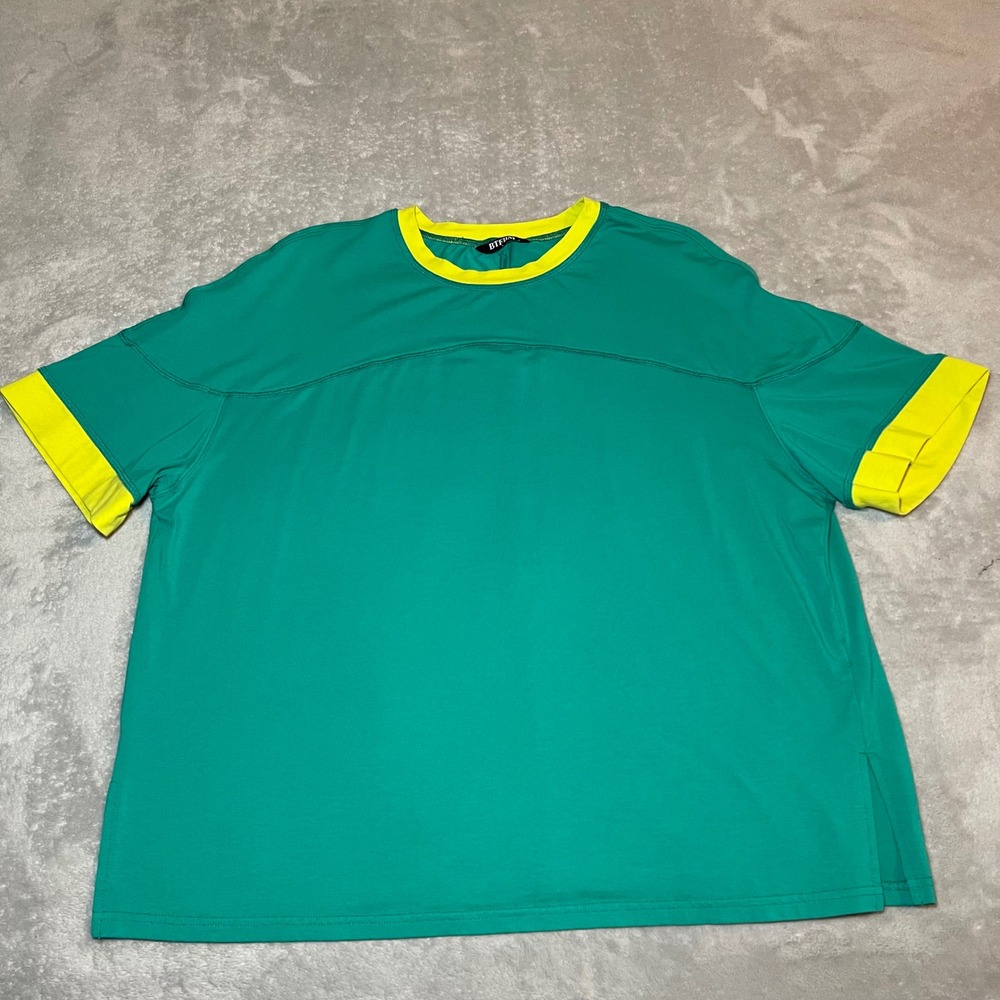 BTFBM T-Shirt Women Large Green Yellow Ringer Short Sleeve Crew Neck Top Casual